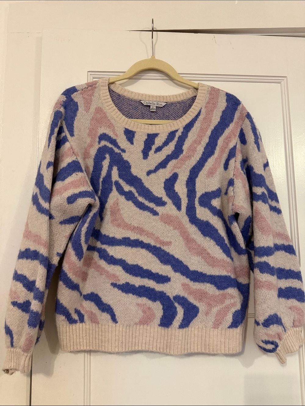 Ophelia Rose Beige Crewneck Sweater with Pink & Blue Zebra Stripes